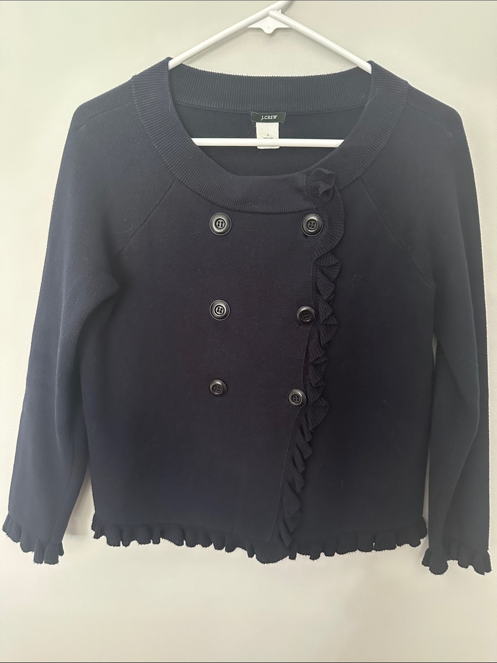 J. Crew Navy Double-Breasted Ruffle Knit Jacket